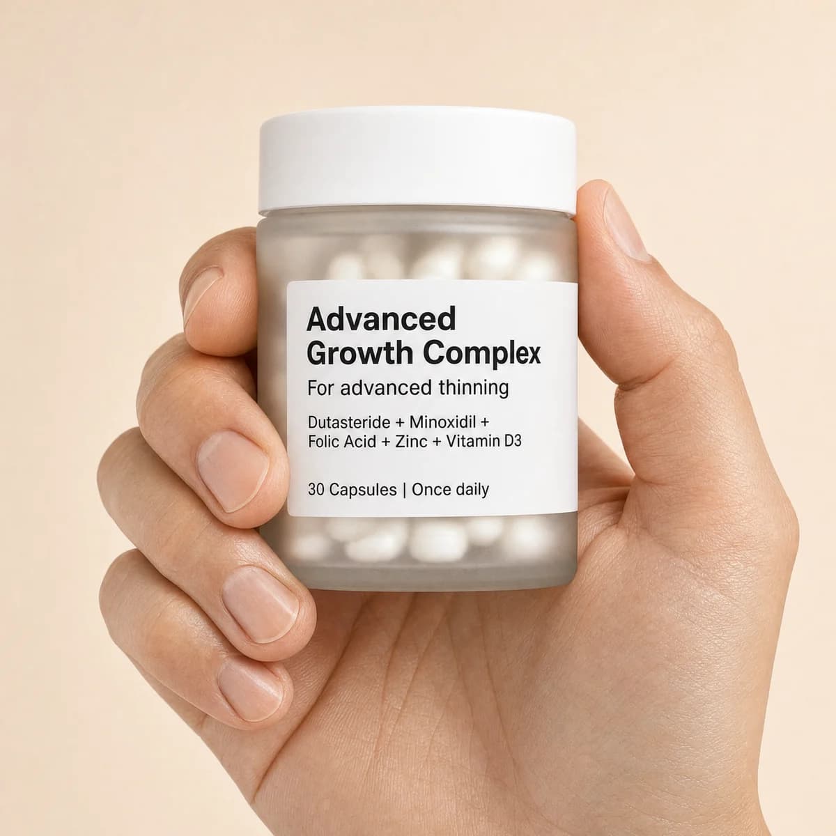 A hand holding a jar of Advanced Growth Complex capsules