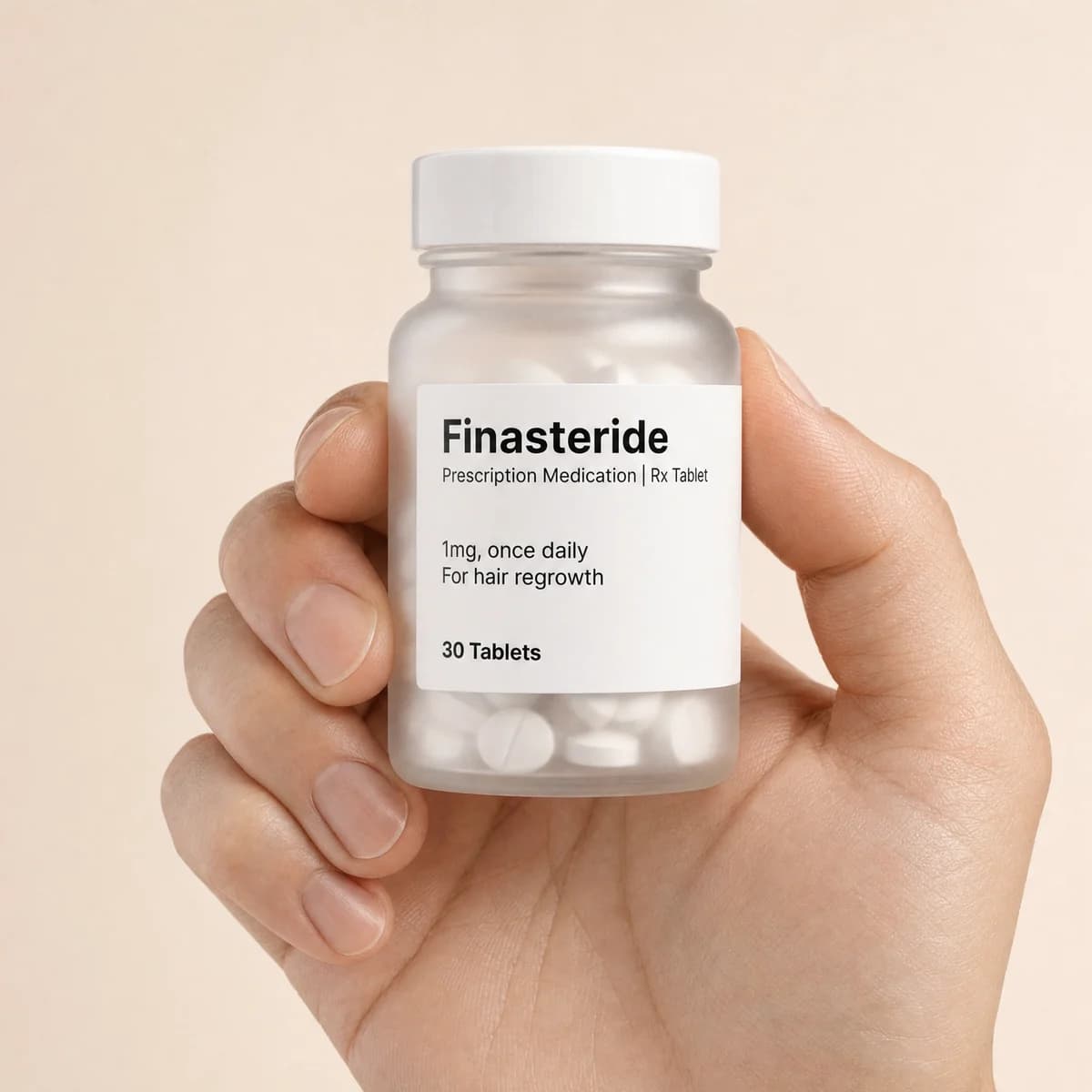 A hand holding a bottle of finasteride 1mg tablets
