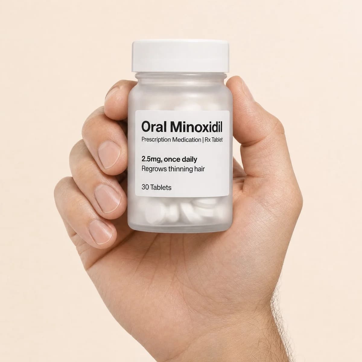 A hand holding a bottle of oral minoxidil 2.5mg tablets